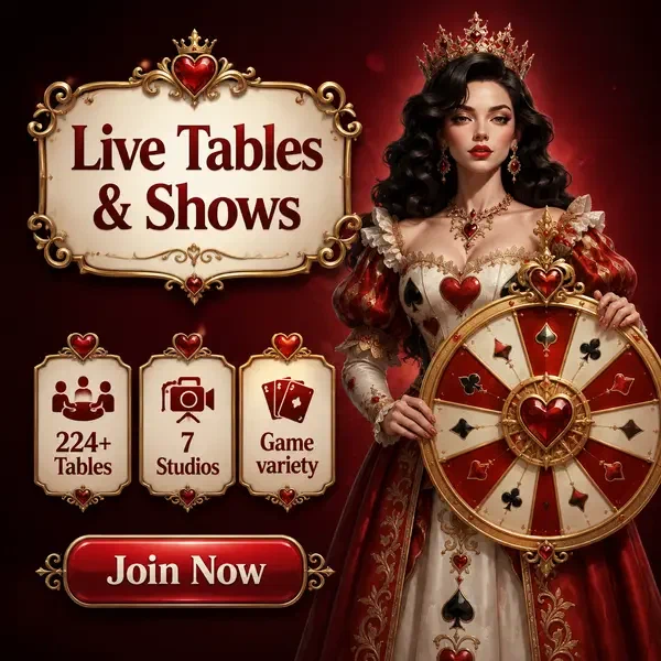 Die Rose Queen präsentiert Live-Casino-Spiele in einem großen Ballsaal mit prächtigem goldenem Preisrad