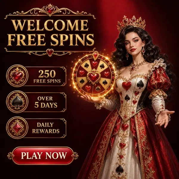 Rose Queen präsentiert anmutig das Freispiel-Rad bei Welcome Free Spins on Popular Slots
