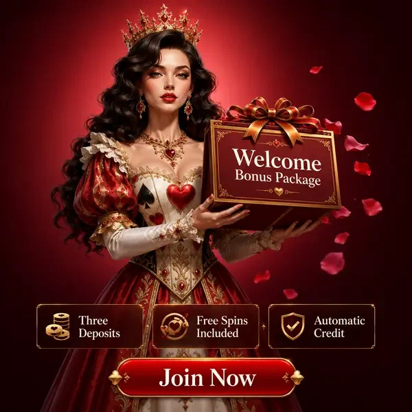 Königliche Rose Queen präsentiert Willkommensbonuspaket im Winzoria Casino mit eleganter Geschenkbox