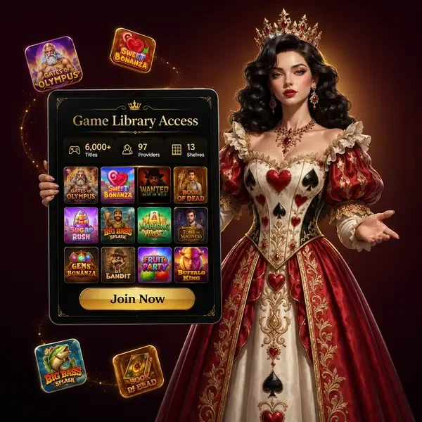Die Rosenkönigin präsentiert Winzorias umfangreiche Spielbibliothek auf dem Tablet nach der Anmeldung