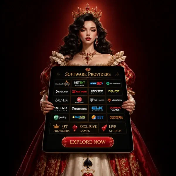 Die Rosenkönigin präsentiert Winzoria Software-Anbieter auf leuchtendem Tablet mit Spielstudio-Logos